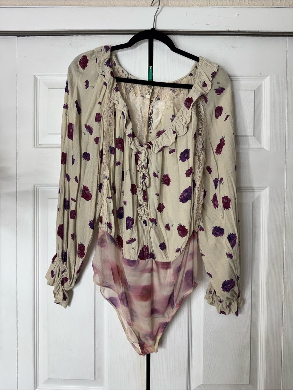 Free People Cream Floral Ruffle Tie-Front Bodysuit with Purple Accents